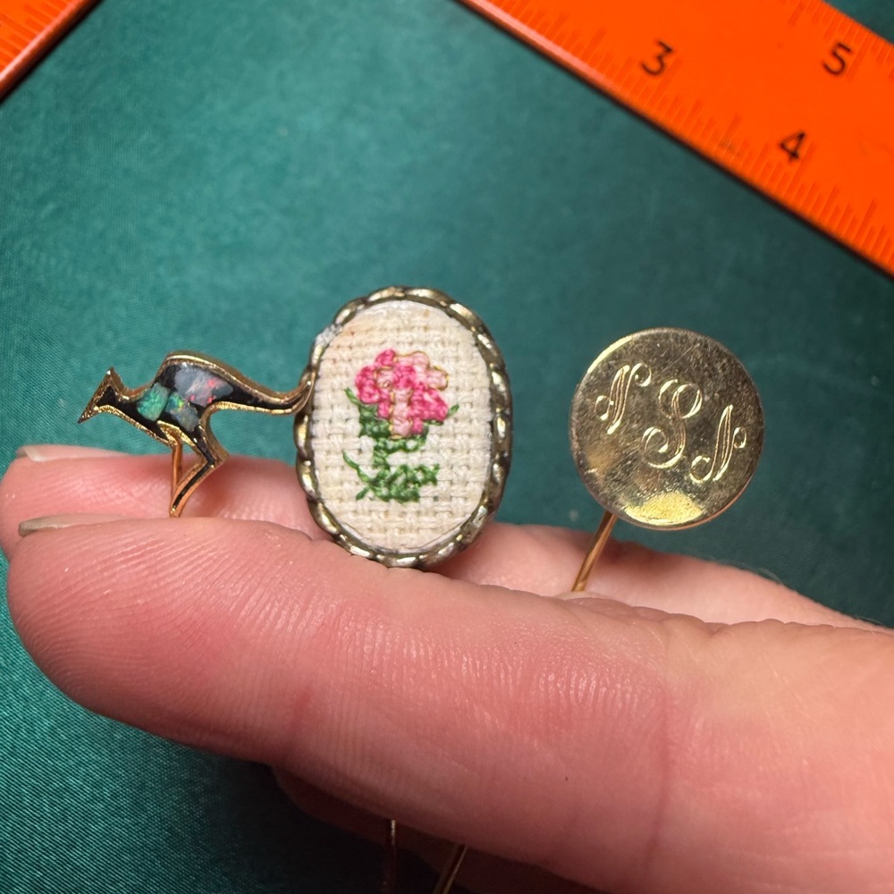 Three Hat Pins Floral Embroidered‎ Gold Brooch